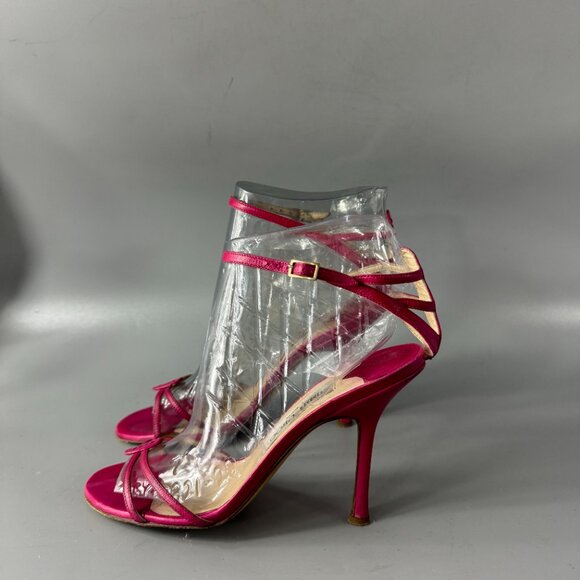 Jimmy Choo Hot Pink Leather Strappy Ankle Strap Heels, Size 37.5'' - Picture 4 of 14